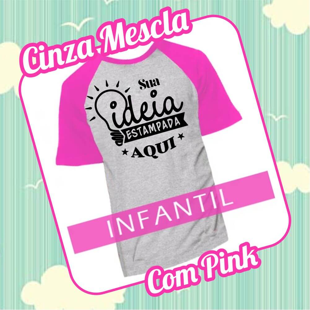 Camiseta RAGLAN Infantil Cinza Mescla com Pink